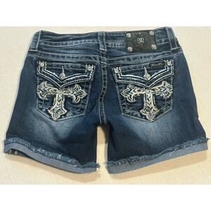 MISS ME Signature Mid Denim Jean Shorts Embellished Cross Pockets Women Size 27